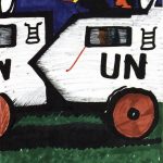 A felt pen drawing of a scene of a soldier in a military tank.