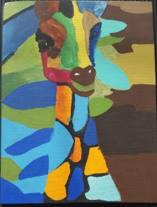A colourful, geometric painting of a giraffe.