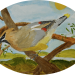A painting of a cedar waxwing in a tree.