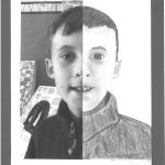 A mixed medium self-portrait: half photograph, half charcoal drawing.