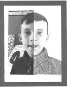 A mixed medium self-portrait: half photograph, half charcoal drawing.