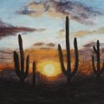 A chalk pastel drawing of saguaros at sunset.