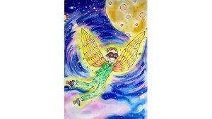 A felt and paint image of a boy flying in outer space.