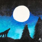 A painting of a fox silhouetted in the night, howling at a full moon.