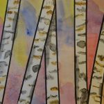 A watercolour painting of birch trees against a colourful background.