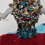 A multi-media collage of a person with an elephant’s trunk going into one ear and out the other.