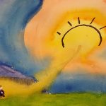 A mixed medium collage of a little girl and her mother walking on a golden path towards the sun.