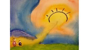 A mixed medium collage of a little girl and her mother walking on a golden path towards the sun.