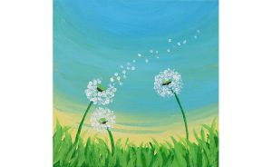 An acrylic painting of dandelions with their seeds being blown away.