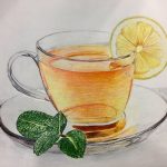 A realistic pencil crayon drawing of a cup of tea.
