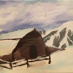 A chalk and acrylic painting of a hut in the mountains.
