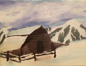 A chalk and acrylic painting of a hut in the mountains.