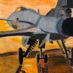 A pencil crayon drawing of a fighter jet at sunrise.