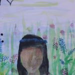 A watercolour painting of a dryad in a flower garden.