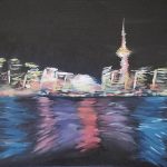 An acrylic painting of the city of Toronto, lit up at night and reflected in the water.