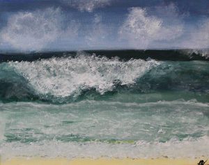 An acrylic painting of a crashing wave in the ocean.