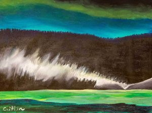 An acrylic painting of the Northern Lights reflected in the ocean.