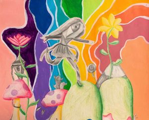 A multimedia collage of a body with a giant eye.