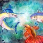 A watercolour painting of three brightly coloured fish.