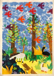Acrylic painting of colorful fall forest scene with horses, geese, and birds in the sky.