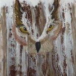 An acrylic painting of an owl with captivating yellow eyes.