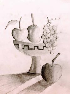 A pencil drawing of a fruit basket.