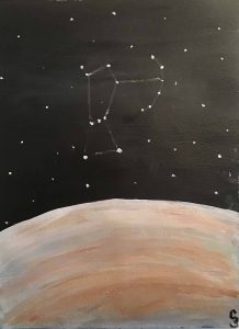 An acrylic painting of the planet Jupiter surrounded by constellations.