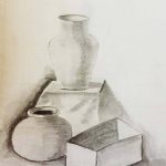 A pencil drawing of some pottery vases and boxes.