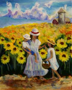 An acrylic painting of a family in a field of sunflowers.