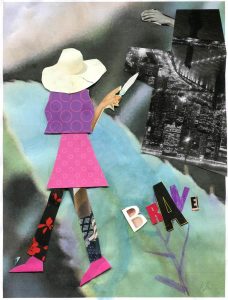 Collage of woman facing a cityscape.