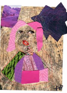 A collage of a woman, using magazine clippings arranged on a tree stump.