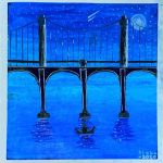 An oil pastel drawing of a bridge at night.