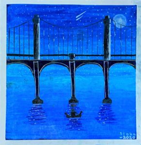 An oil pastel drawing of a bridge at night.