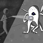 Digital illustration of astronaut shining a light on an alien creature.