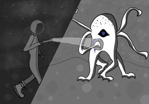 Digital illustration of astronaut shining a light on an alien creature.