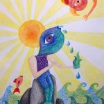 Surreal colored pencil drawing of mermaid with a fish head in front of a bright sun.