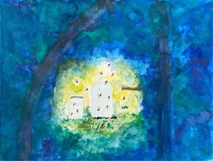 An acrylic painting of fireflies escaping two jars.