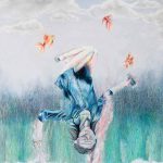 Colored pencil drawing of a girl upside down swimming in the air