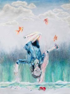 Colored pencil drawing of a girl upside down swimming in the air