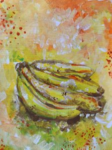 An acrylic painting of a bunch of bananas.