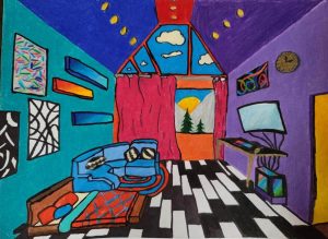A brightly coloured felt drawing of the artist’s dream bedroom.