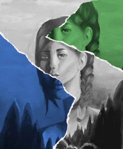 A collage of three acrylic paintings - one blue, one black-and-white, one green- of a girl’s face.