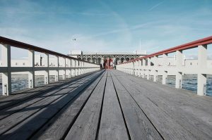 A photograph of a bridge. Lines lead to the centre of the image.