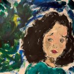 An acrylic painting of a girl with a concerned expression.