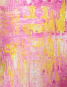 Watercolor painting of yellow brushstrokes on pink background