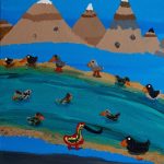 Acrylic painting of different birds at a river beside a road and mountains