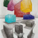 Colored pencil drawing of multicolored floating boxes above grey boxes