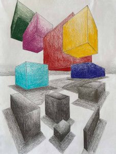 Colored pencil drawing of multicolored floating boxes above grey boxes