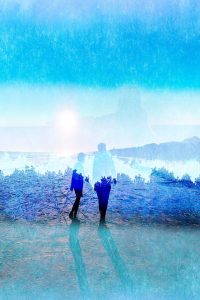 Photograph of two figures against a blue backdrop of a forest